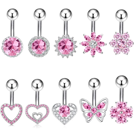 Sexy Pink Zircon Heart Belly Button Rings For Women Girls Fashion Stainless Steel Heart Navel Piercing Barbell Cute Belly Rings