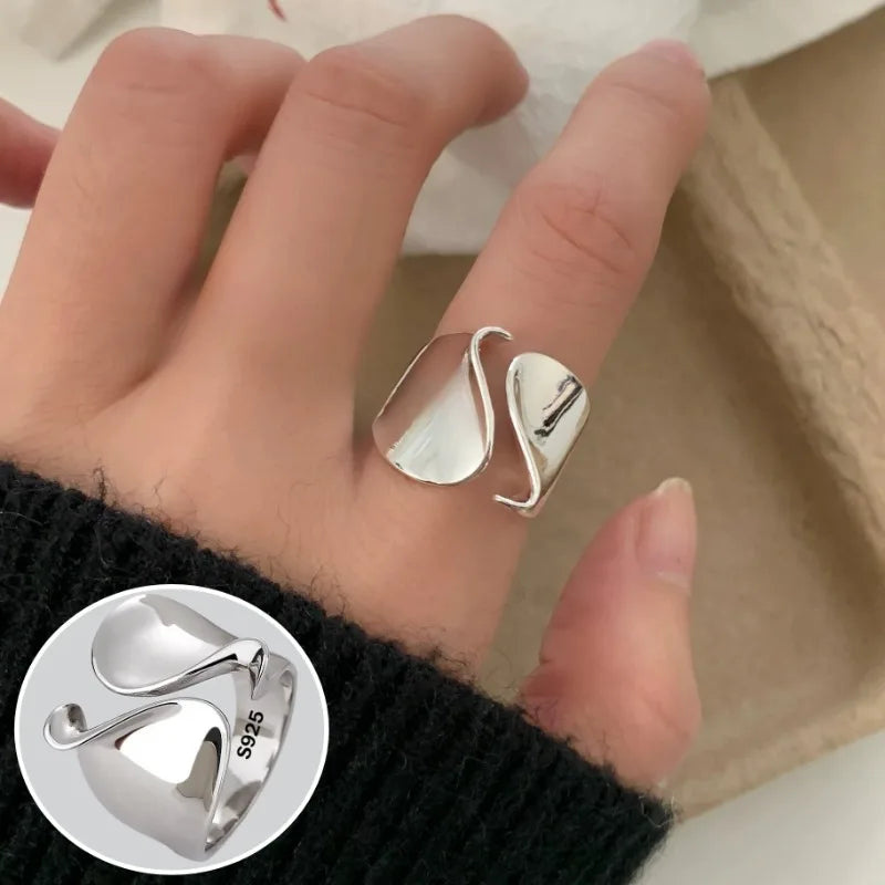 925 Sterling Silver Open Rings for Women Couple Vintage Simple Wave Twisted Ring Party Prevent Allergy Jewelry Holiday Gifts