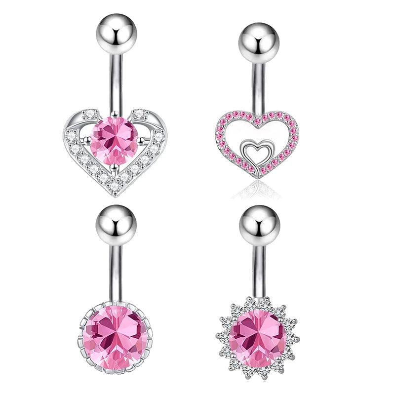 Sexy Pink Zircon Heart Belly Button Rings For Women Girls Fashion Stainless Steel Heart Navel Piercing Barbell Cute Belly Rings