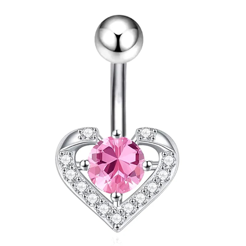Sexy Pink Zircon Heart Belly Button Rings For Women Girls Fashion Stainless Steel Heart Navel Piercing Barbell Cute Belly Rings