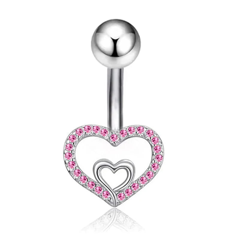 Sexy Pink Zircon Heart Belly Button Rings For Women Girls Fashion Stainless Steel Heart Navel Piercing Barbell Cute Belly Rings
