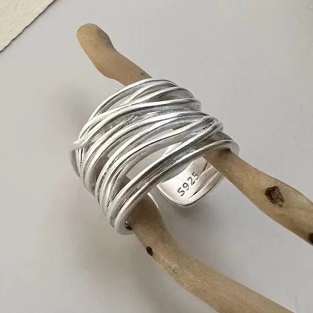 925 Sterling Silver Open Rings for Women Men Fashion Couple Handmade Irregular Lines Ring Party Jewelry Prevent Allergy Gift