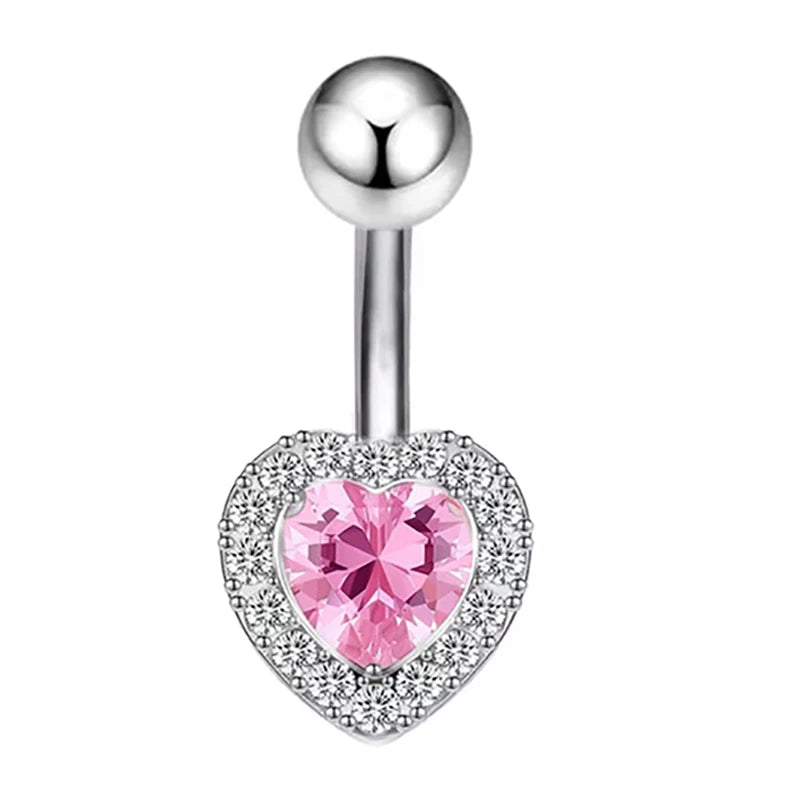 Sexy Pink Zircon Heart Belly Button Rings For Women Girls Fashion Stainless Steel Heart Navel Piercing Barbell Cute Belly Rings