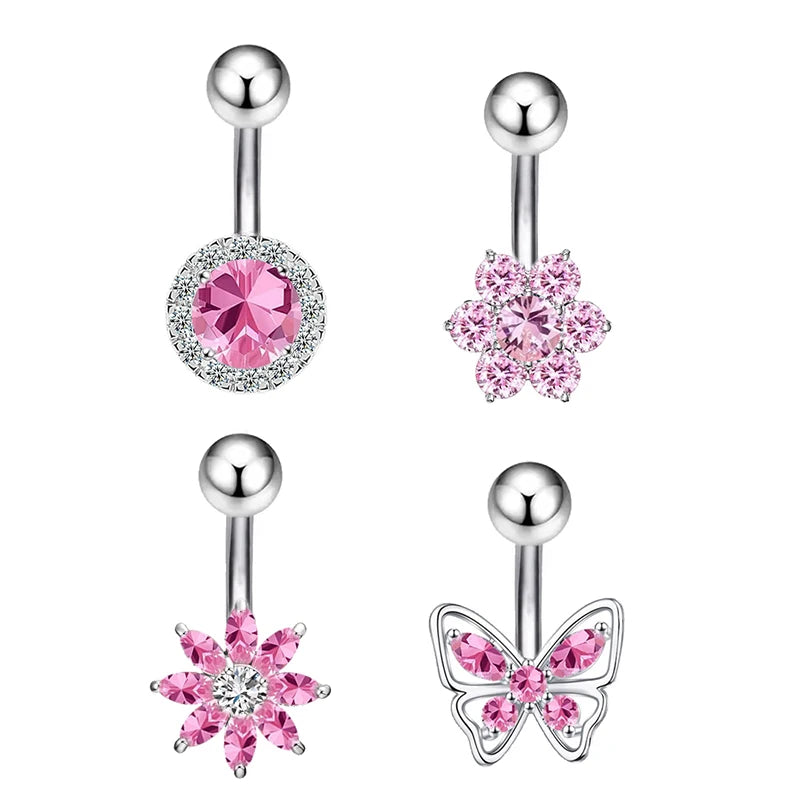 Sexy Pink Zircon Heart Belly Button Rings For Women Girls Fashion Stainless Steel Heart Navel Piercing Barbell Cute Belly Rings