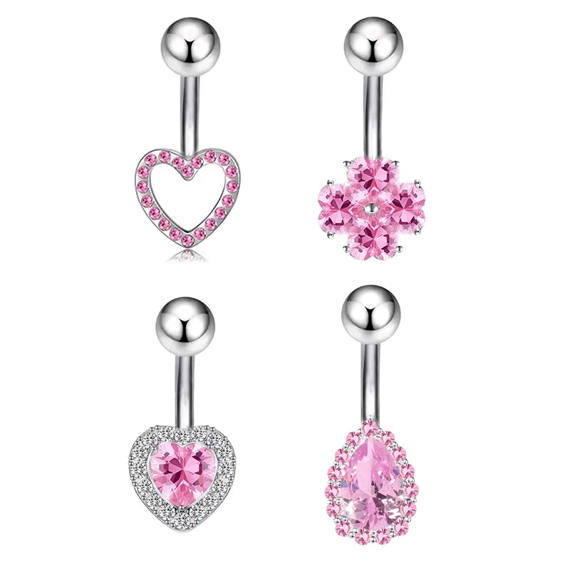 Sexy Pink Zircon Heart Belly Button Rings For Women Girls Fashion Stainless Steel Heart Navel Piercing Barbell Cute Belly Rings