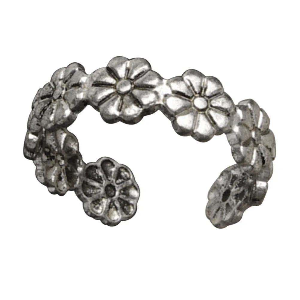 Silver Vintage Adjustable Small Daisy Toe Ring Beach Jewelry Carved Retro Foot Ring Women Jewelry Toe Rings