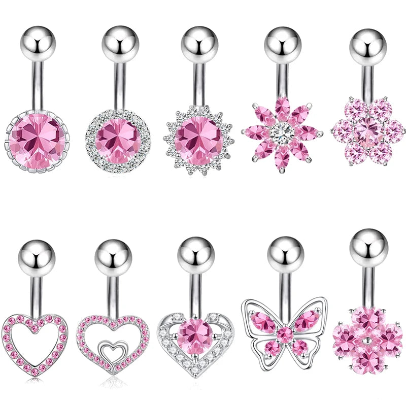 Sexy Pink Zircon Heart Belly Button Rings For Women Girls Fashion Stainless Steel Heart Navel Piercing Barbell Cute Belly Rings